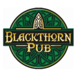 Blackthorn Pub logo Dark green round celtic symbol with gold lettering
