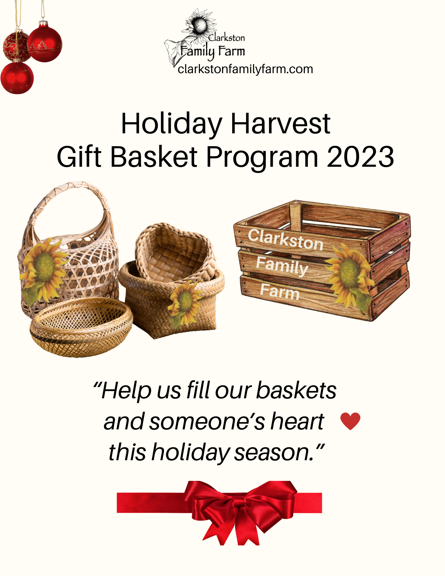 Image of baskets waiting to be filled with a red holiday ribbon