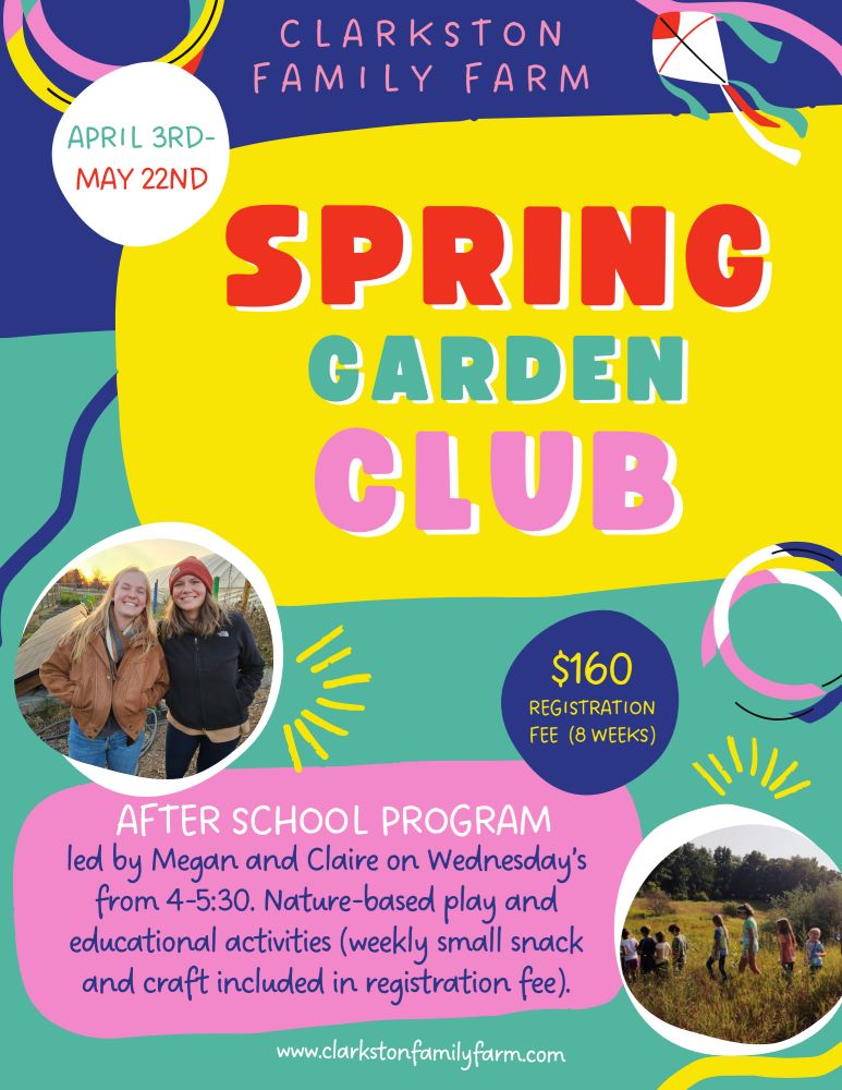 colorful image of Spring Garden Club flyer with pic of co-directors Megan and Claire and kids gardening