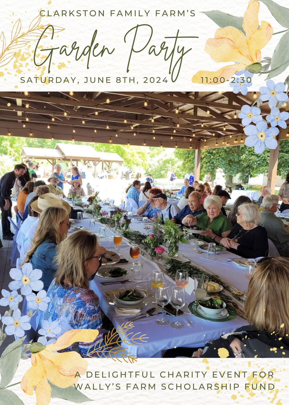 Spring Garden Party Flyer with yellow flowers and green leaf decal surrounding a photo of people in formal attire sitting at a dinner table outside in the pavillion.