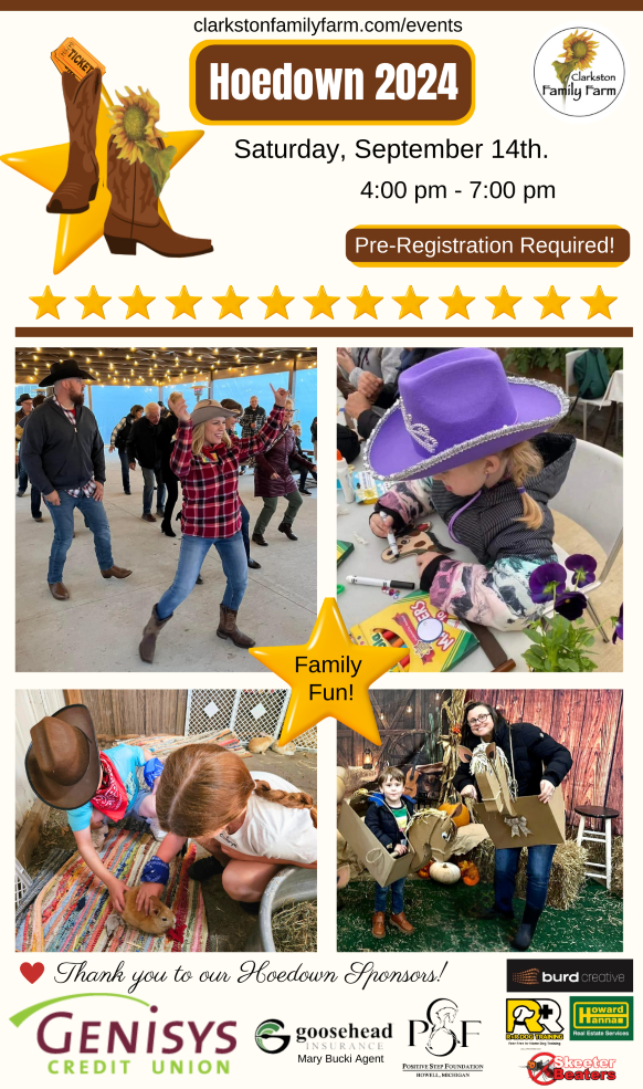 pics of past Hoedown w/people line dancine, little girl purple cowgirl hat doing craft, kids petting bunny, photo booth with crafted cardboard horses