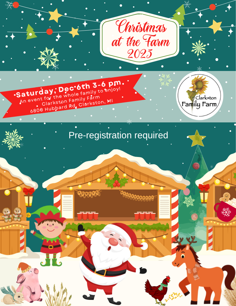 Outdoor scene with sanda, elf, treens, farm animals in snow and woden booths decorated for the holidays... snow falling